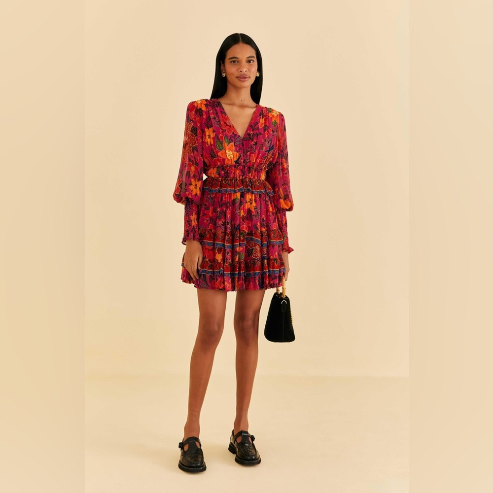 FARM Rio Vibrant Floral Long Sleeve Dress - Red and Orange - Tropical Tapestry